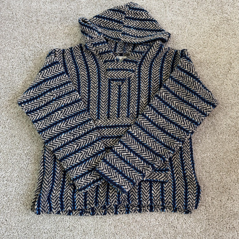 Baja Joe Hoodie Mens Small Blue Knit Pullover Herringbone Boho Hippie Baja